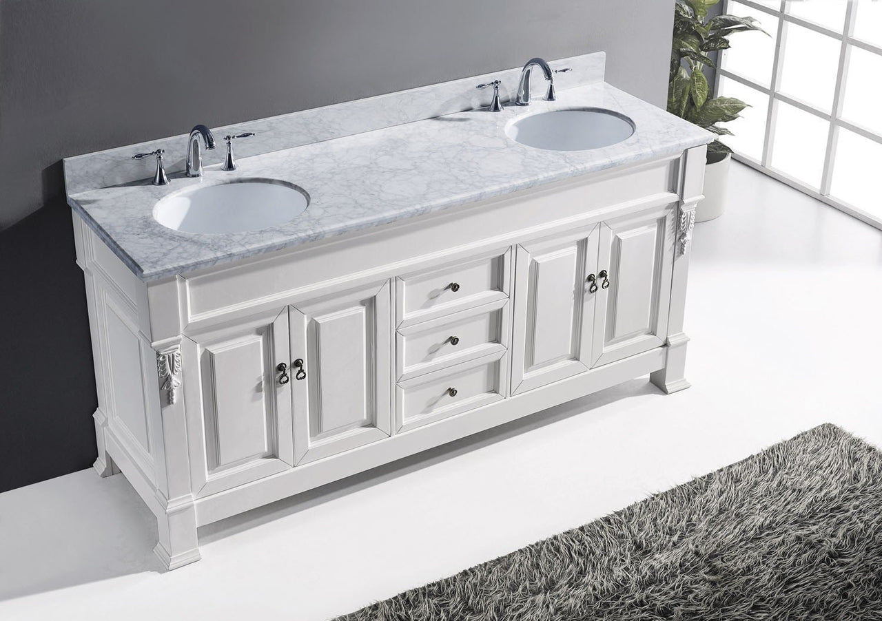 Virtu USA Huntshire 72" Double Round Sink White Top Vanity in White with Mirrors Vanity Virtu USA 
