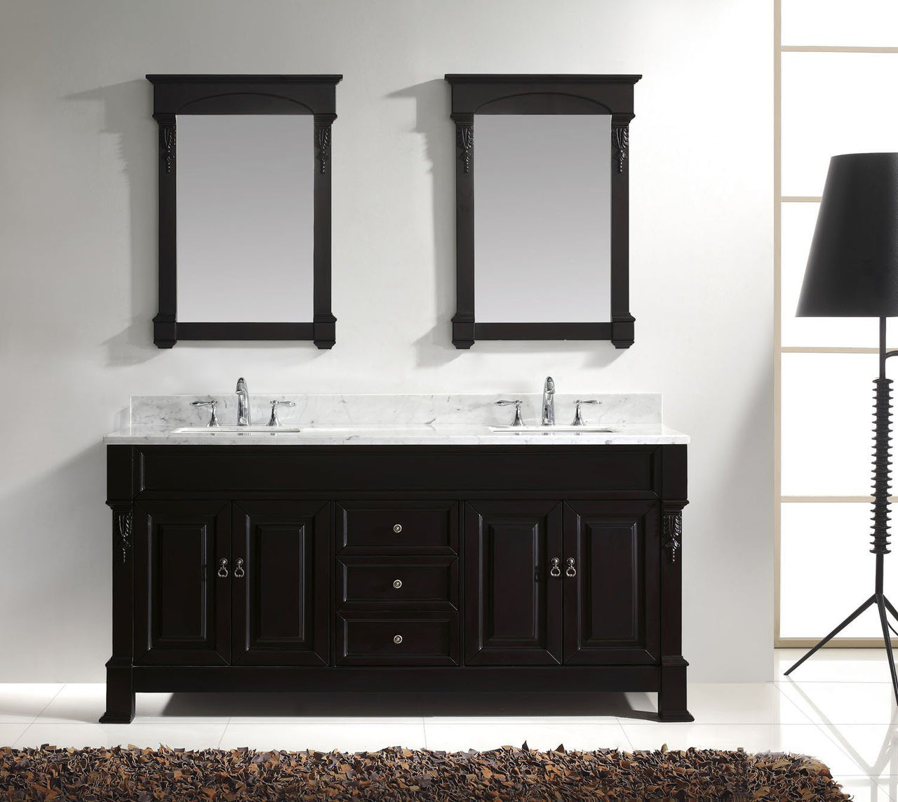 Virtu USA Huntshire 72" Double Square Sink Dark Walnut Top Vanity in Dark Walnut with Mirrors Vanity Virtu USA 