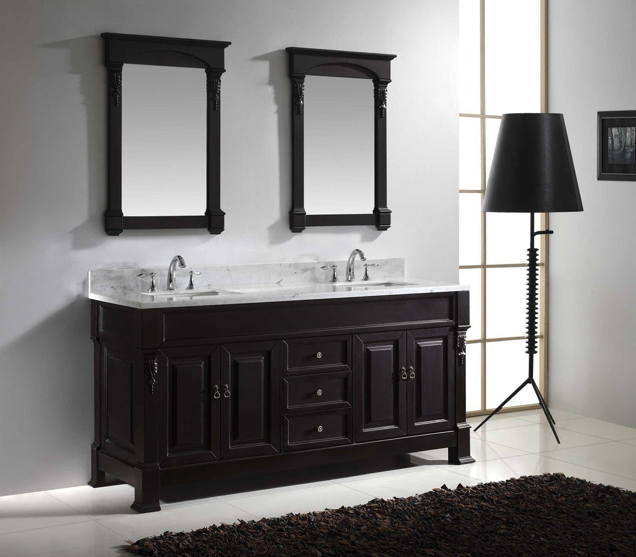 Virtu USA Huntshire 72" Double Square Sink Dark Walnut Top Vanity in Dark Walnut with Mirrors Vanity Virtu USA 