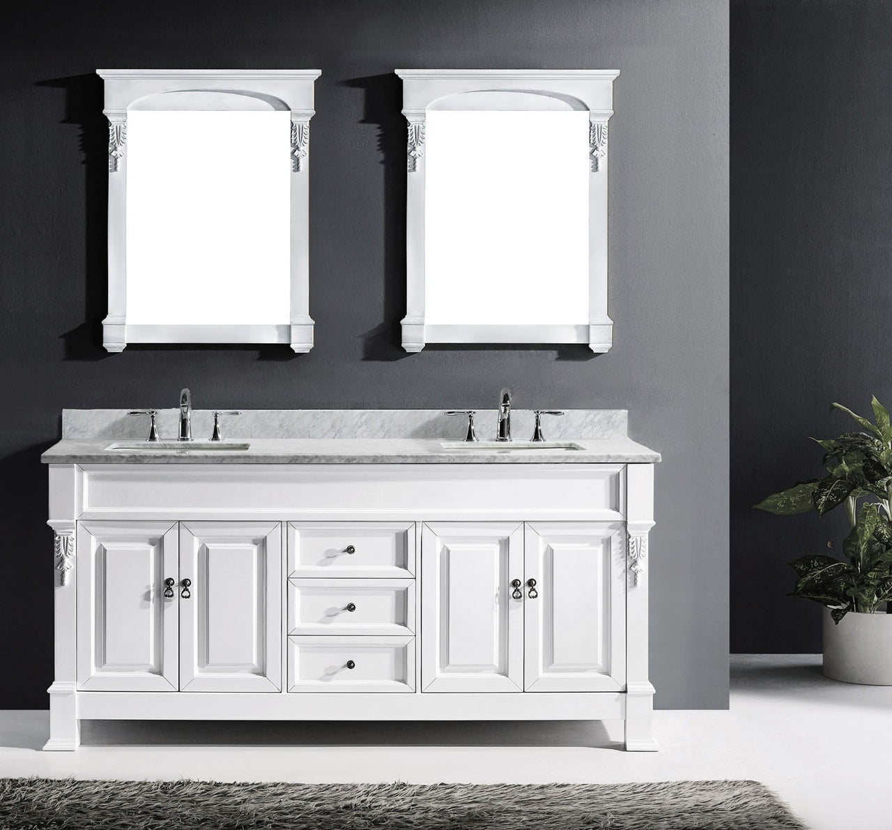 Virtu USA Huntshire 72" Double Square Sink White Top Vanity in White with Mirrors Vanity Virtu USA 