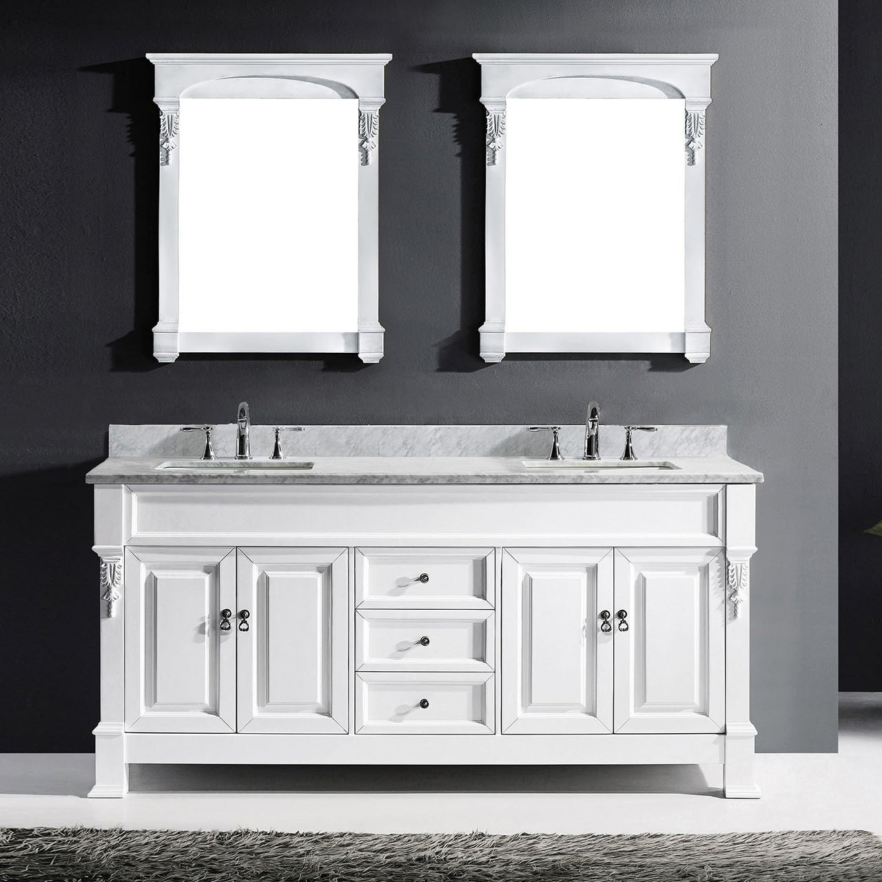 Virtu USA Huntshire 72" Double Square Sink White Top Vanity in White with Mirrors Vanity Virtu USA 