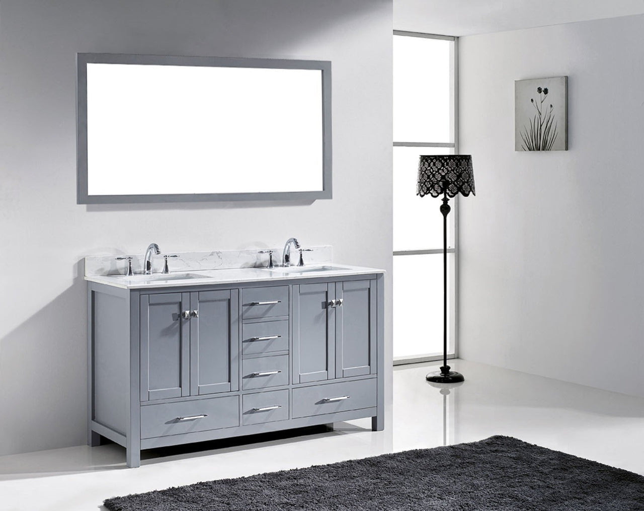 Virtu USA Caroline Avenue 60" Double Square Sink Grey Top Vanity in Grey with Mirror Vanity Virtu USA 