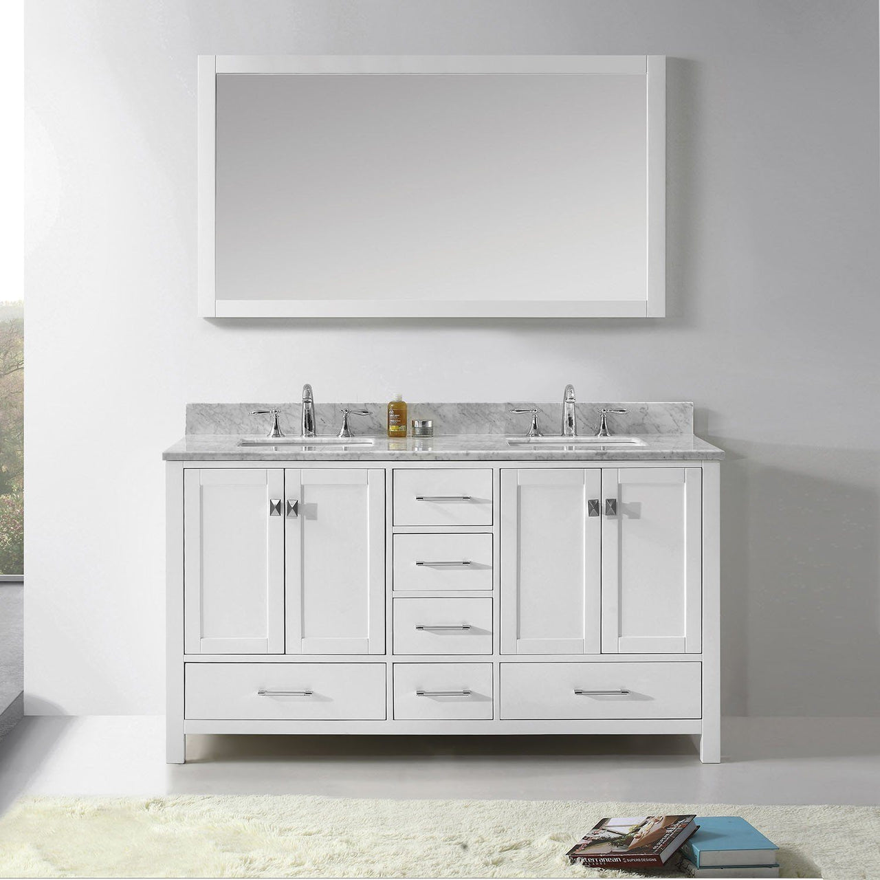 Virtu USA Caroline Avenue 60" Double Square Sink White Top Vanity in White with Mirror Vanity Virtu USA 