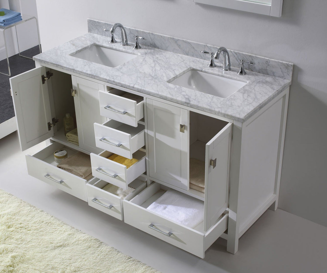 Virtu USA Caroline Avenue 60" Double Square Sink White Top Vanity in White with Mirror Vanity Virtu USA 