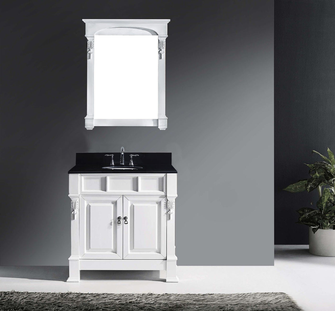 Virtu USA Huntshire 36" Single Round Sink White Top Vanity in White with Mirror Vanity Virtu USA 