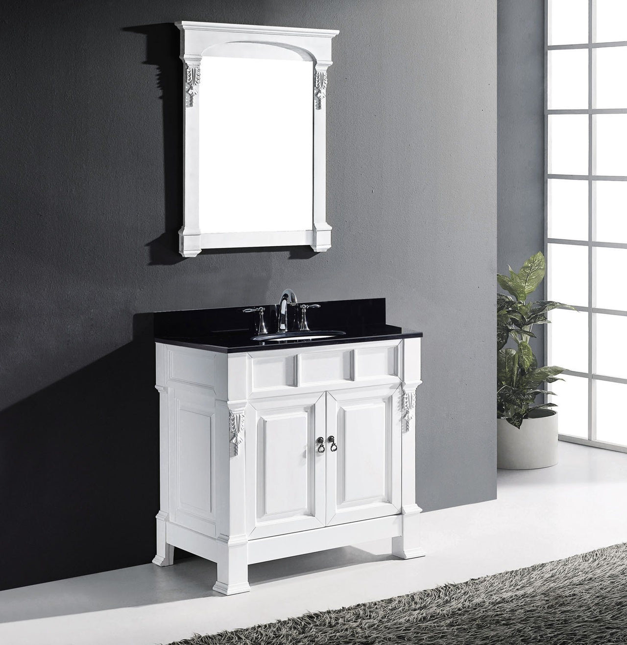 Virtu USA Huntshire 36" Single Round Sink White Top Vanity in White with Mirror Vanity Virtu USA 