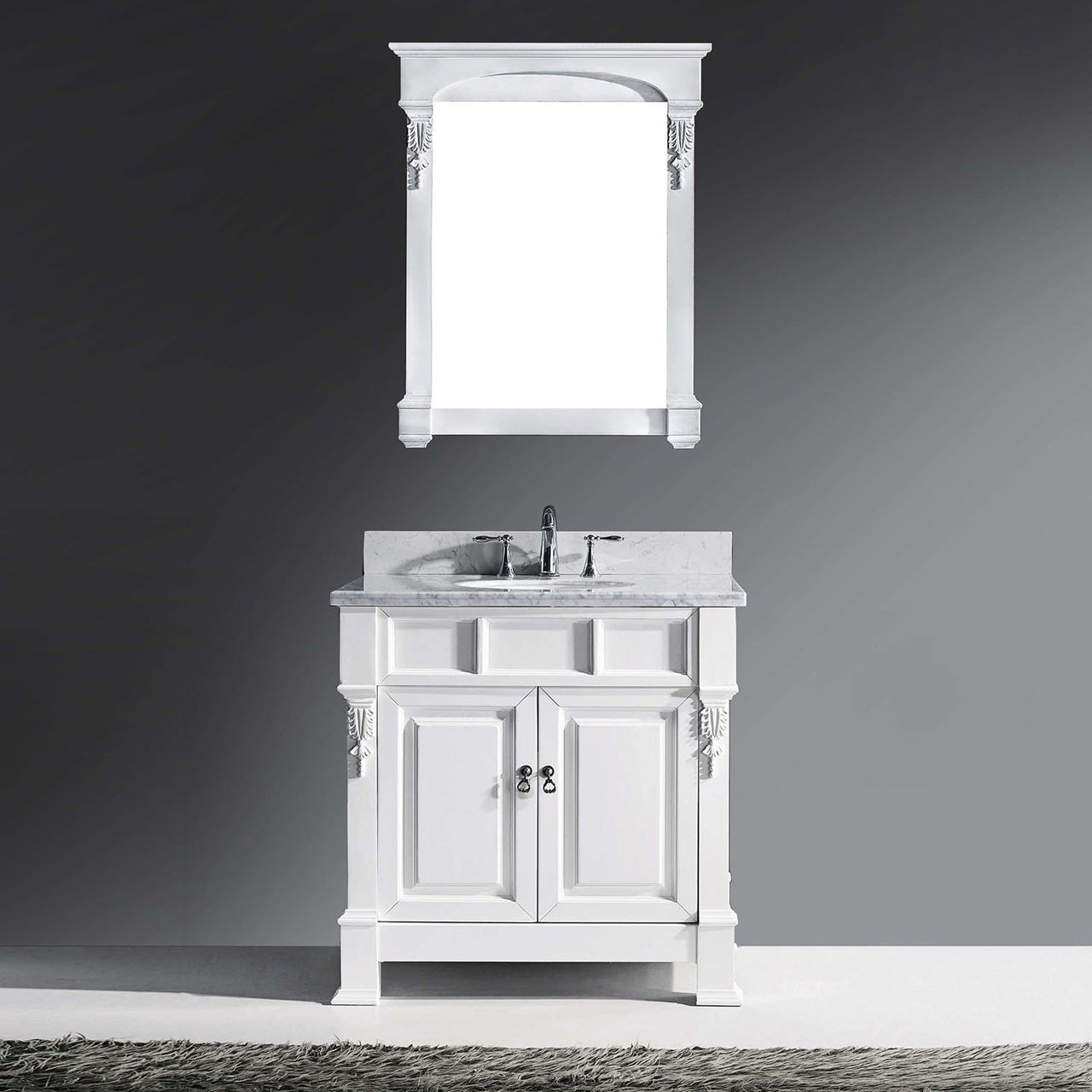 Virtu USA Huntshire 36" Single Round Sink White Top Vanity in White with Mirror Vanity Virtu USA 