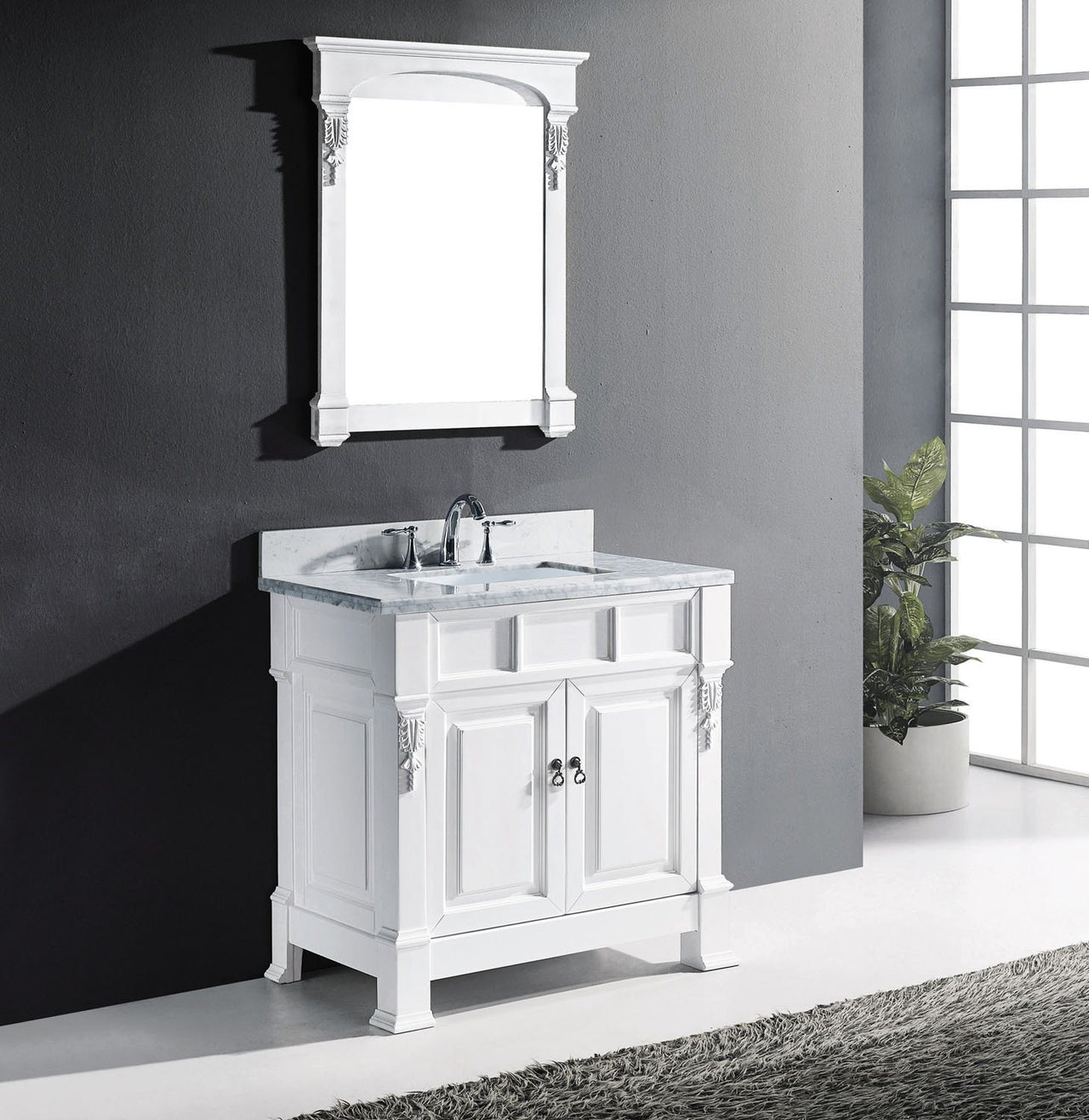 Virtu USA Huntshire 36" Single Square Sink White Top Vanity in White with Mirror Vanity Virtu USA 