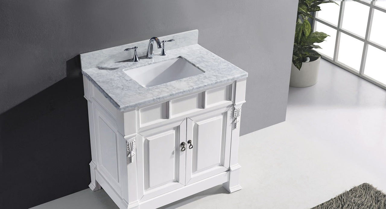 Virtu USA Huntshire 36" Single Square Sink White Top Vanity in White with Mirror Vanity Virtu USA 