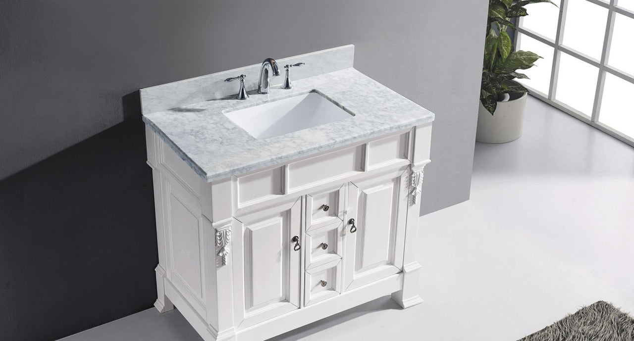 Virtu USA Huntshire 40" Single Square Sink White Top Vanity in White with Mirror Vanity Virtu USA 