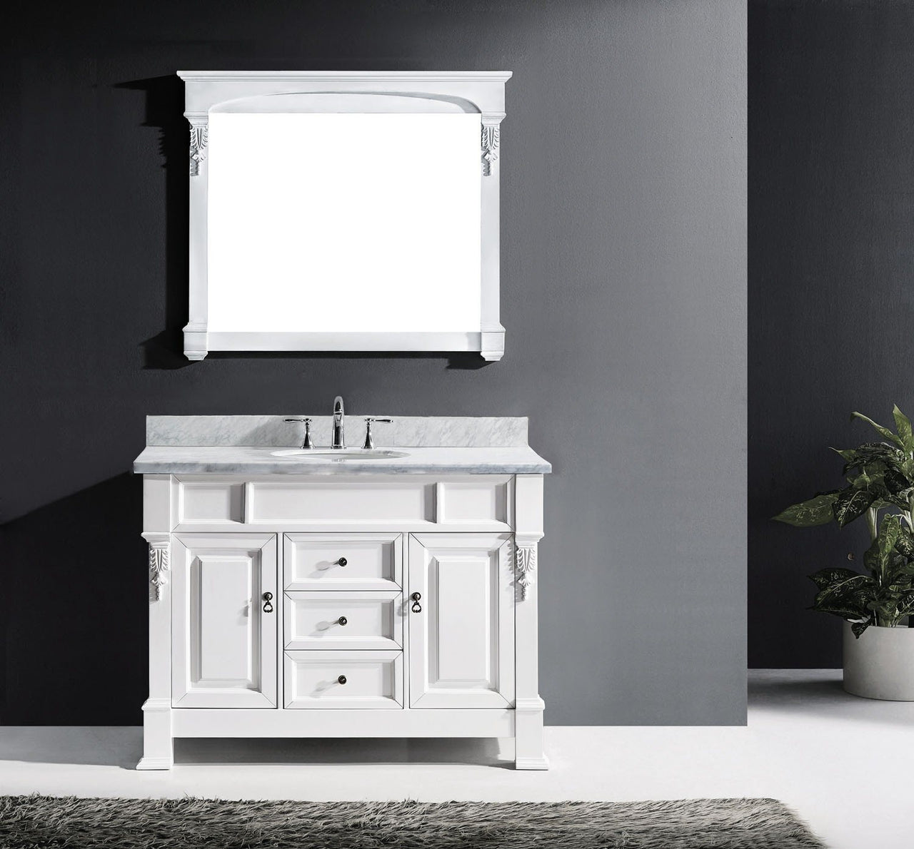 Virtu USA Huntshire 48" Single Round Sink White Top Vanity in White with Mirror Vanity Virtu USA 