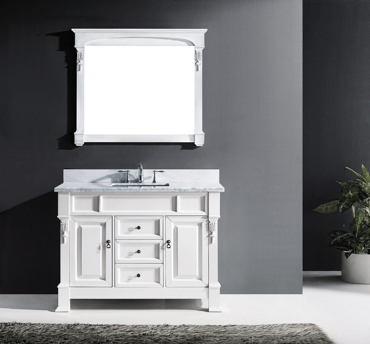 Virtu USA Huntshire 48" Single Square Sink White Top Vanity in White with Mirror