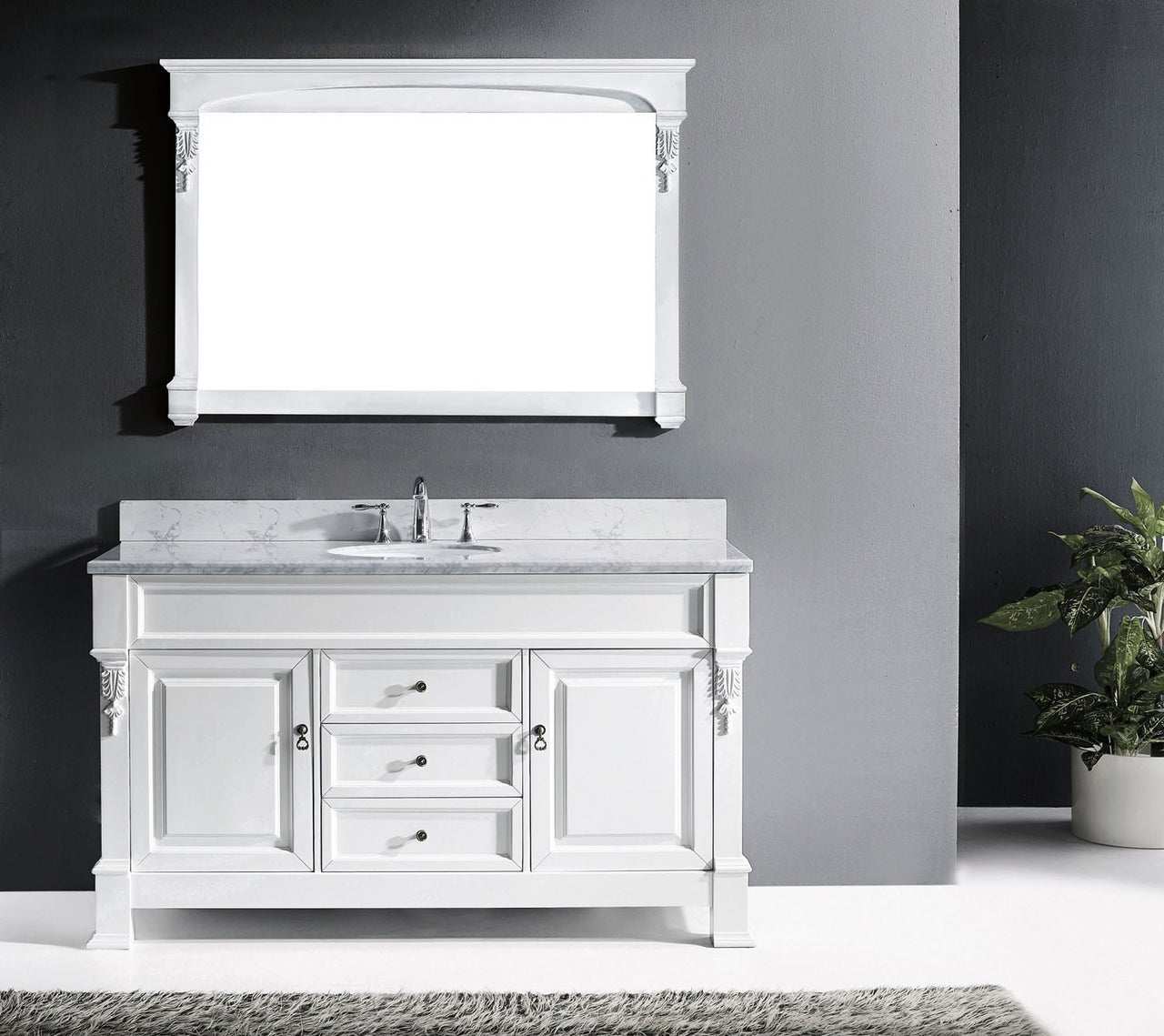 Virtu USA Huntshire 60" Single Round Sink White Top Vanity in White with Mirror Vanity Virtu USA 