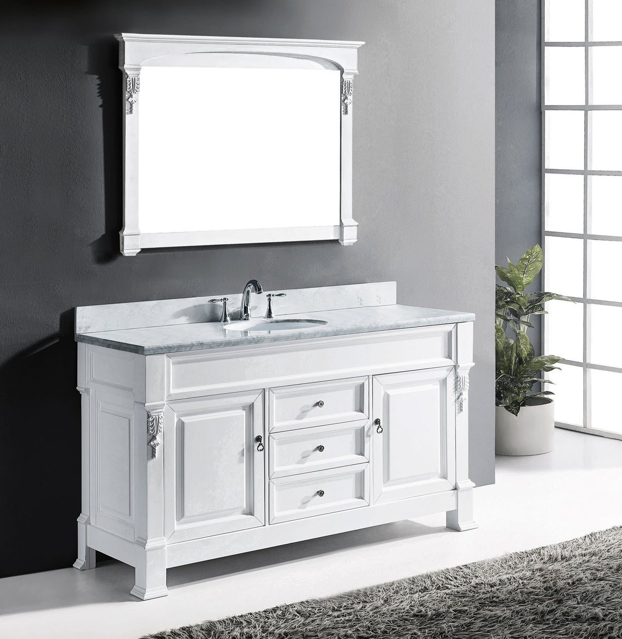 Virtu USA Huntshire 60" Single Round Sink White Top Vanity in White with Mirror Vanity Virtu USA 