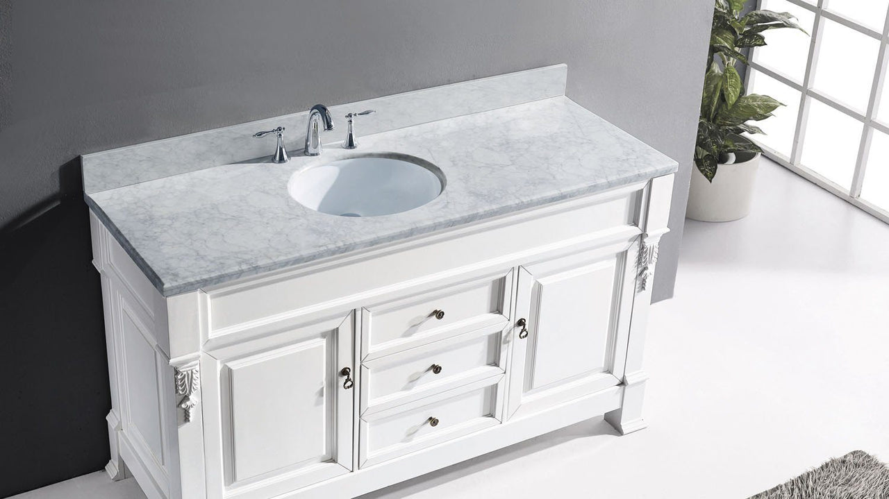 Virtu USA Huntshire 60" Single Round Sink White Top Vanity in White with Mirror Vanity Virtu USA 
