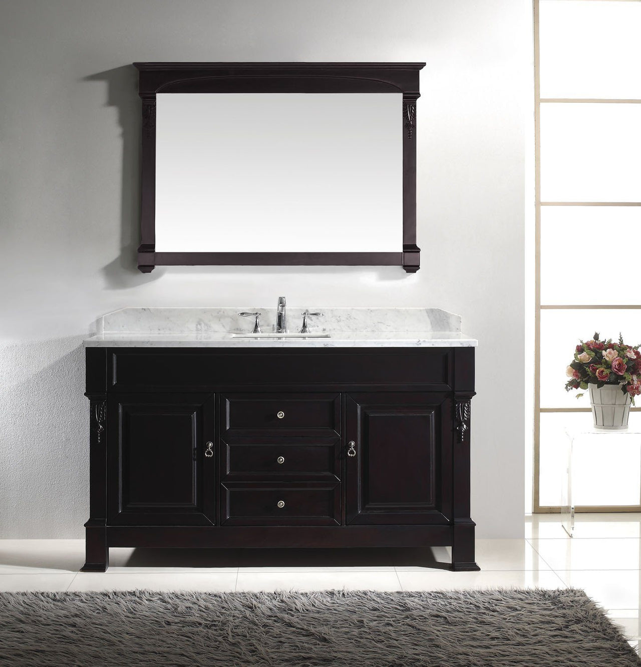 Virtu USA Huntshire 60" Single Square Sink Dark Walnut Top Vanity with Mirror Vanity Virtu USA 