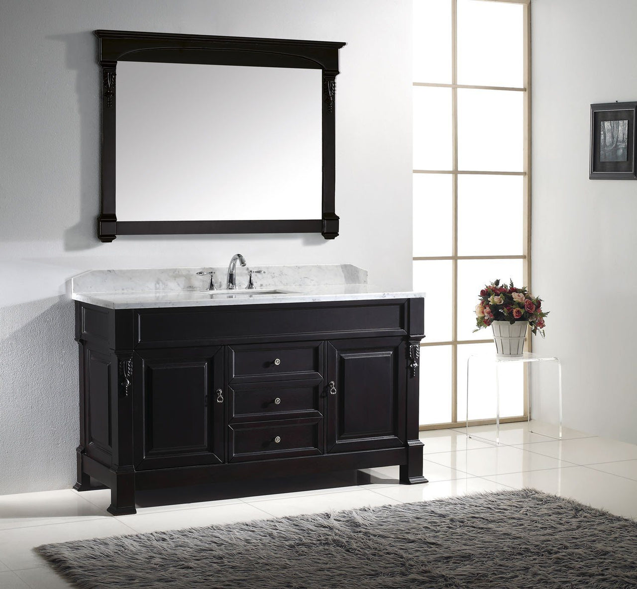 Virtu USA Huntshire 60" Single Square Sink Dark Walnut Top Vanity with Mirror Vanity Virtu USA 