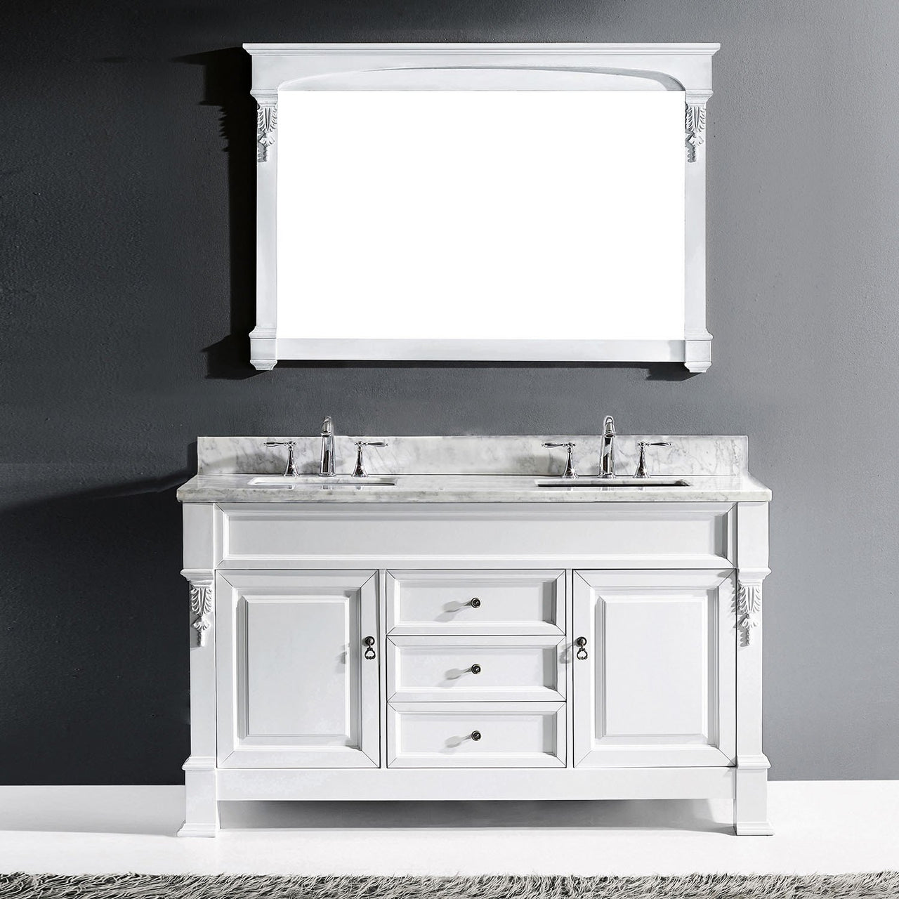 Virtu USA Huntshire 60" Single Square Sink White Top Vanity in White with Mirror Vanity Virtu USA 