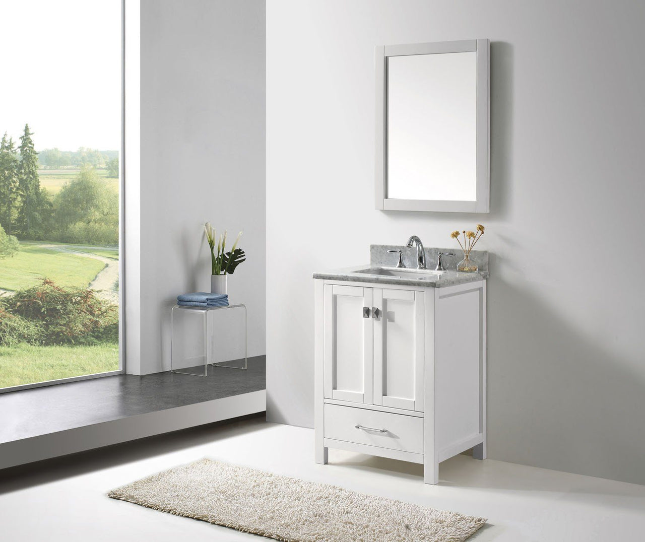 Virtu USA Caroline Avenue 24" Single Square Sink White Top Vanity in White with Mirror Vanity Virtu USA 