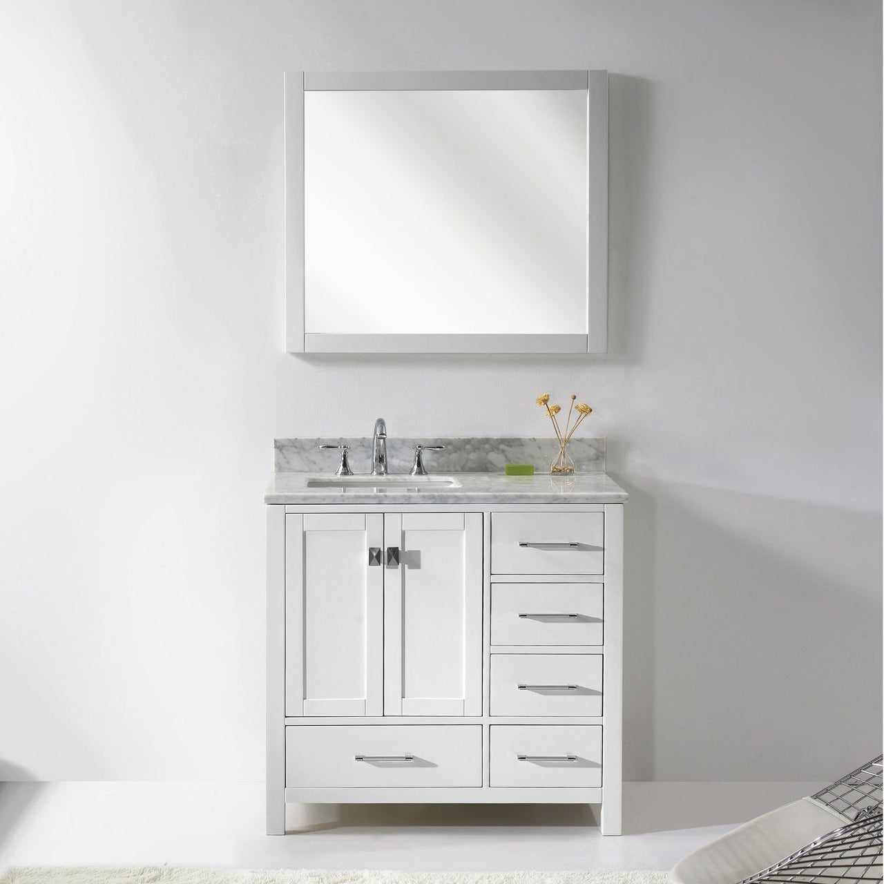 Virtu USA Caroline Avenue 36" Single Square Sink White Top Vanity in White with Mirror Vanity Virtu USA 