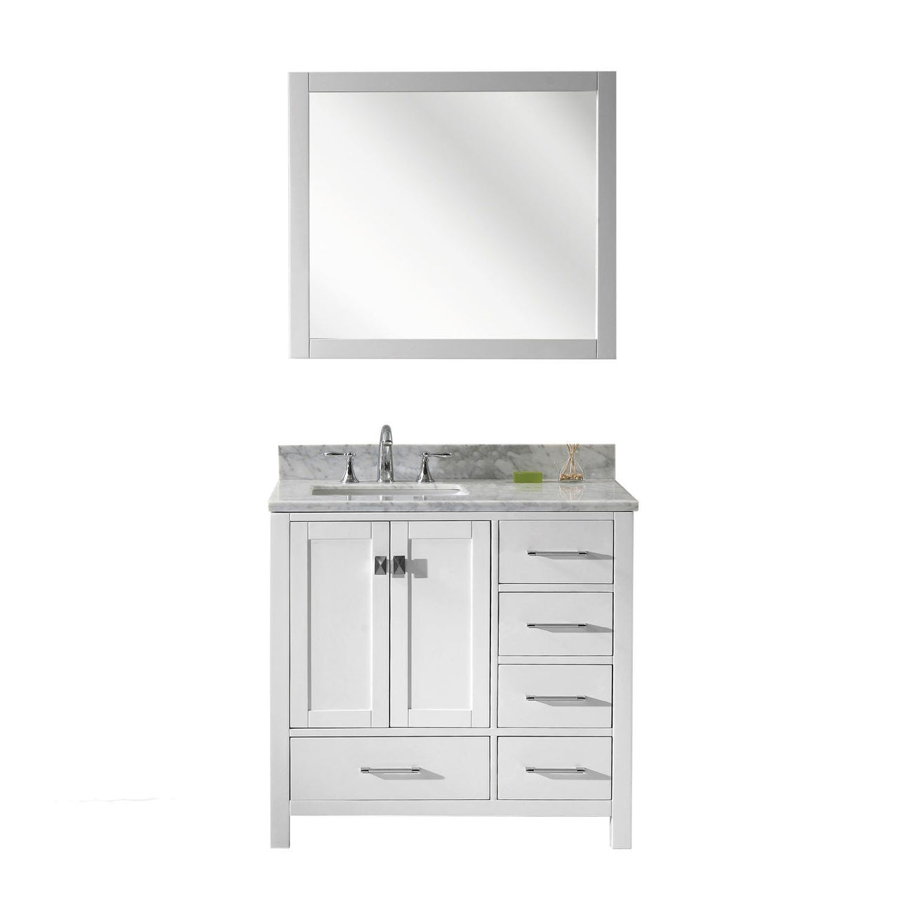 Virtu USA Caroline Avenue 36" Single Square Sink White Top Vanity in White with Mirror Vanity Virtu USA 