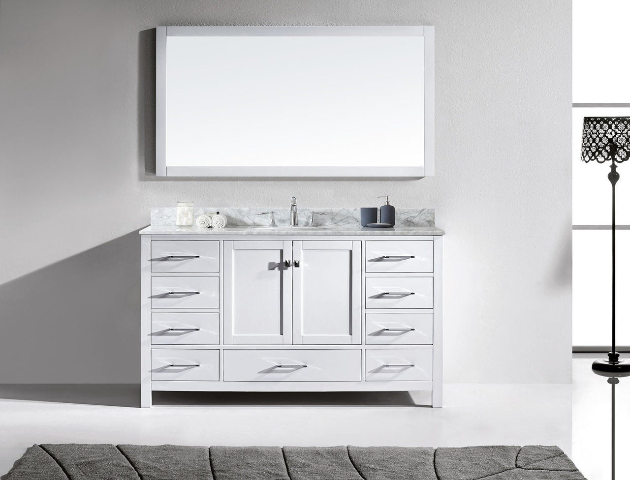Virtu USA Caroline Avenue 60" Single Round Sink White Top Vanity in White with Mirror Vanity Virtu USA 