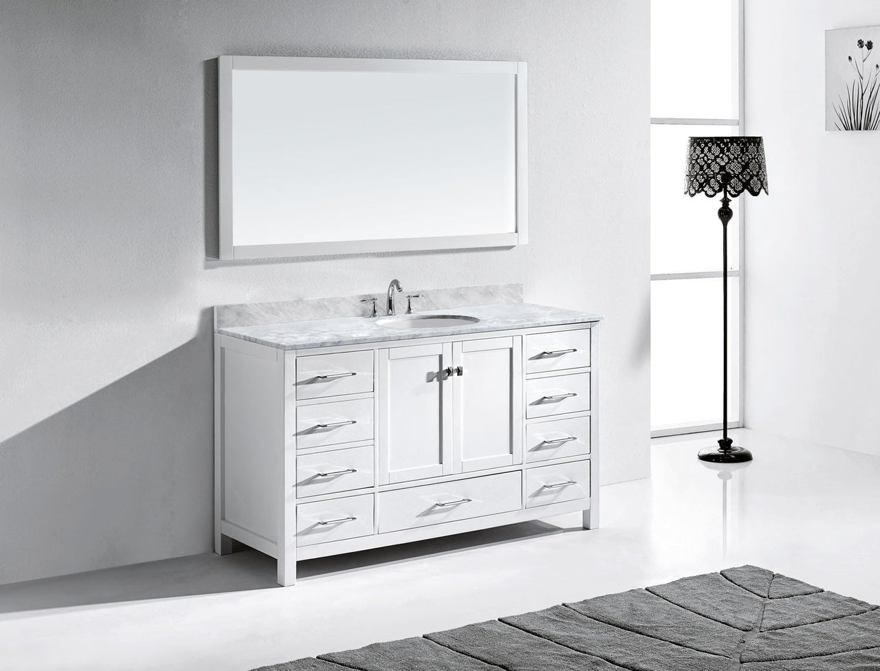 Virtu USA Caroline Avenue 60" Single Round Sink White Top Vanity in White with Mirror Vanity Virtu USA 