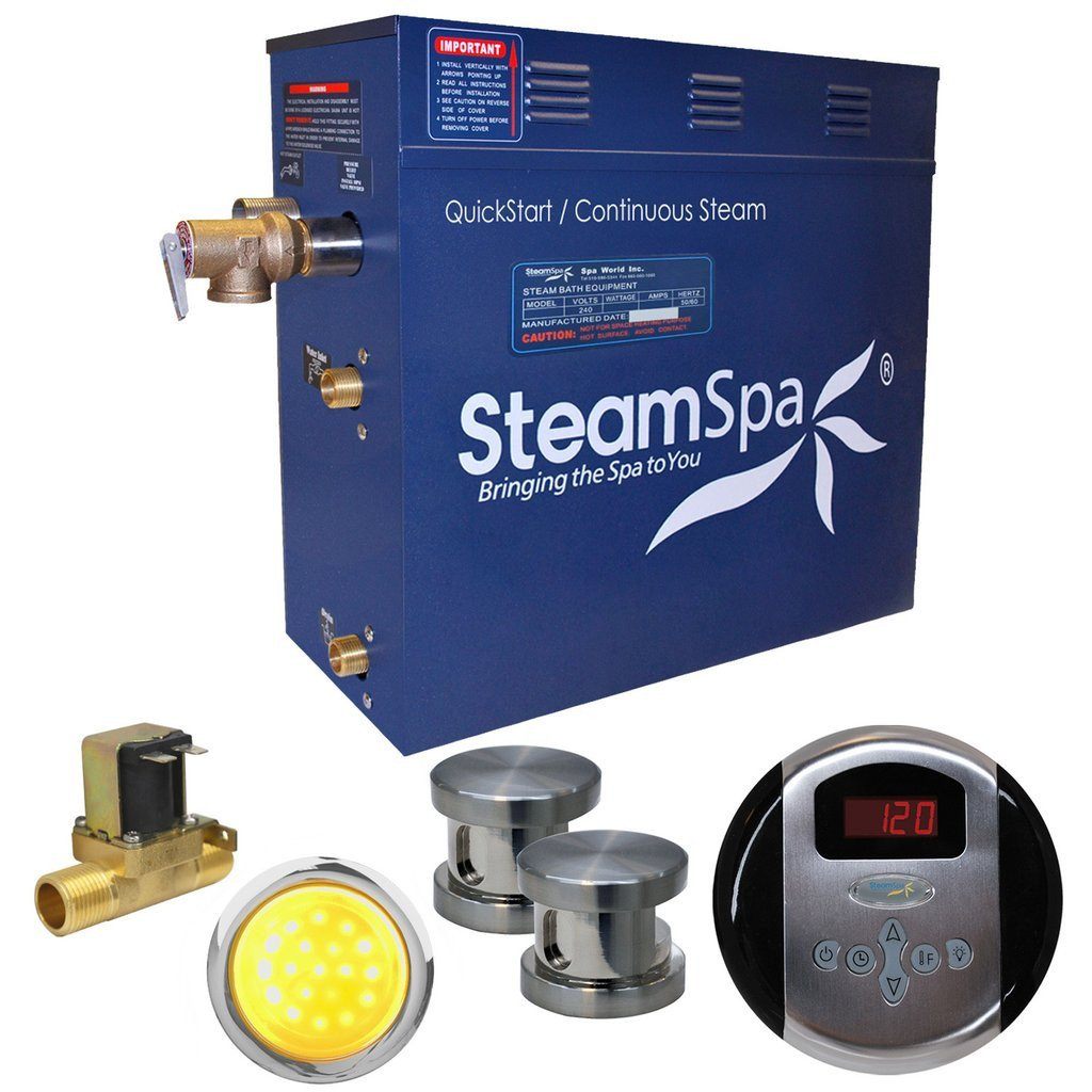 SteamSpa Indulgence 12 KW QuickStart Acu-Steam Bath Generator Package with Built-in Auto Drain in Brushed Nickel Steam Generators SteamSpa 