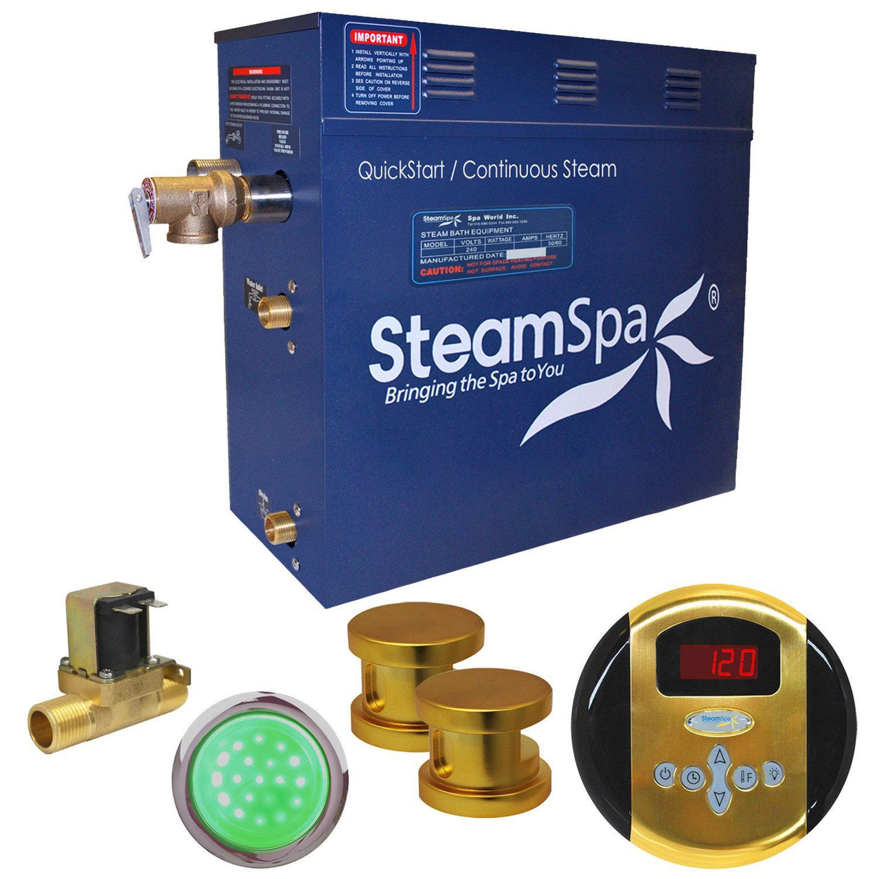 SteamSpa IN1200GD-A Indulgence 12 KW QuickStart Acu-Steam Bath Generator Package with Built-in Auto Drain in Polished Gold Steam Generators SteamSpa 