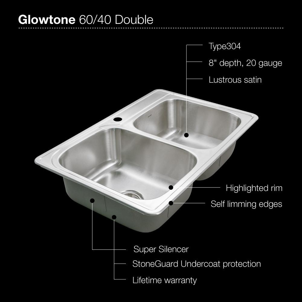 Houzer Glowtone Series Topmount Stainless Steel 1-hole 60/40 Double Bowl Kitchen Sink Kitchen Sink - Top Mount Houzer 