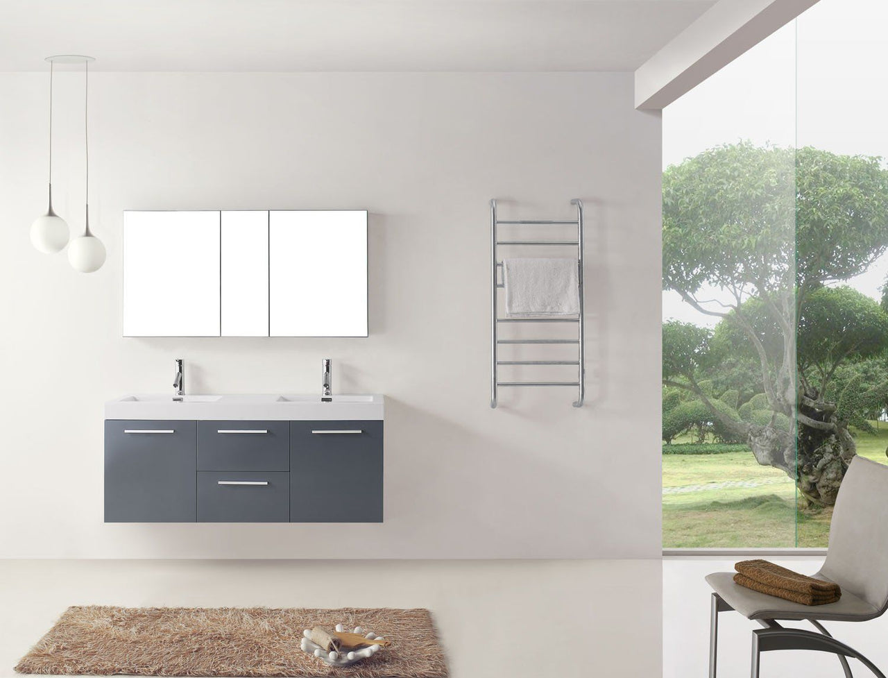 Virtu USA Midori 54" Double Square Sink Grey Top Vanity in Grey with Brushed Nickel Faucet Vanity Virtu USA 
