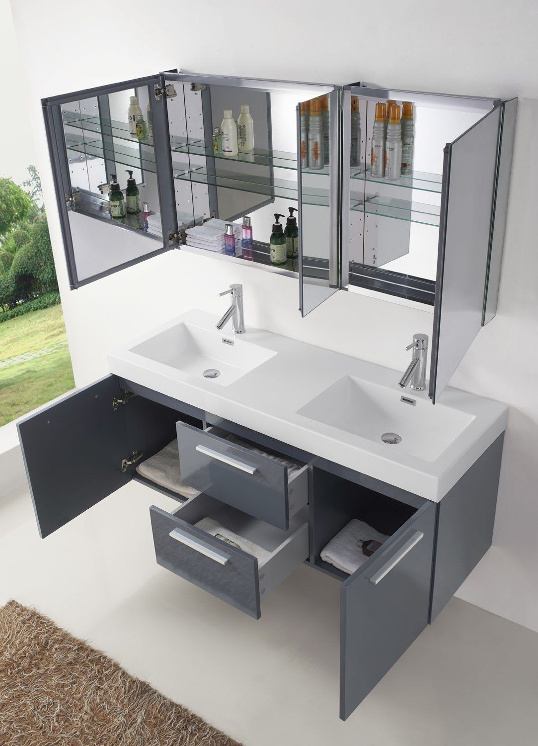 Virtu USA Midori 54" Double Square Sink Grey Top Vanity with Polished Chrome Faucet Vanity Virtu USA 