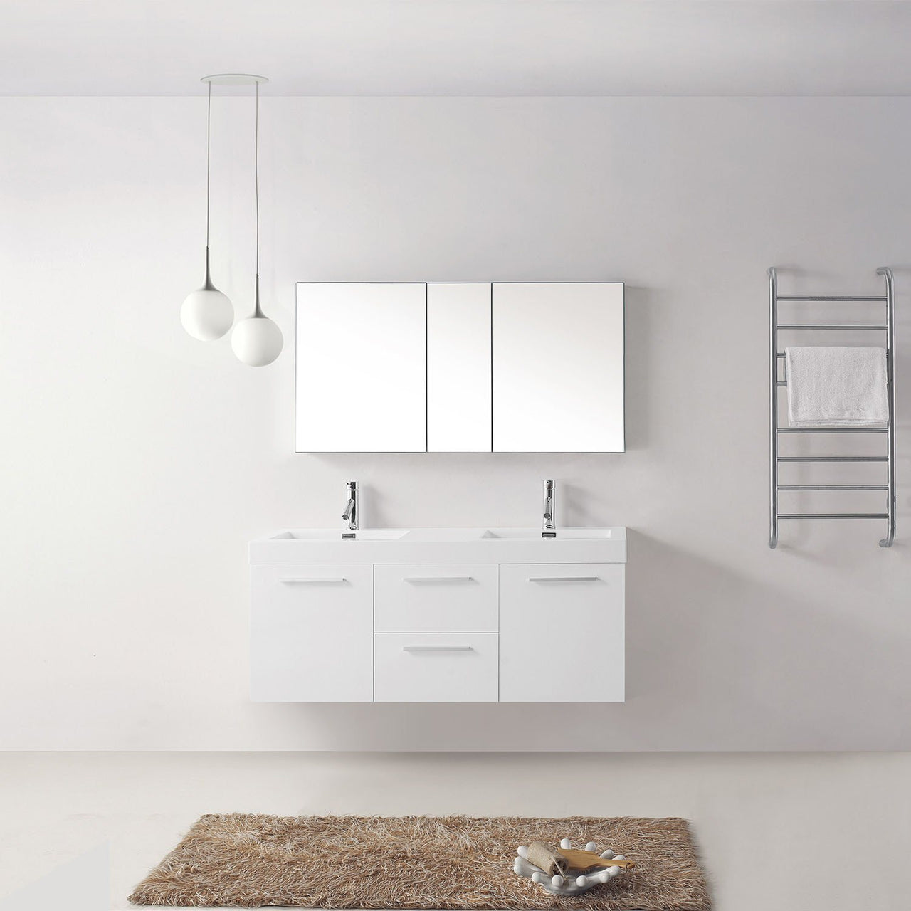 Virtu USA Midori 54" Double Square Sink Gloss White Top Vanity in Gloss White with Polished Chrome Faucet Vanity Virtu USA 