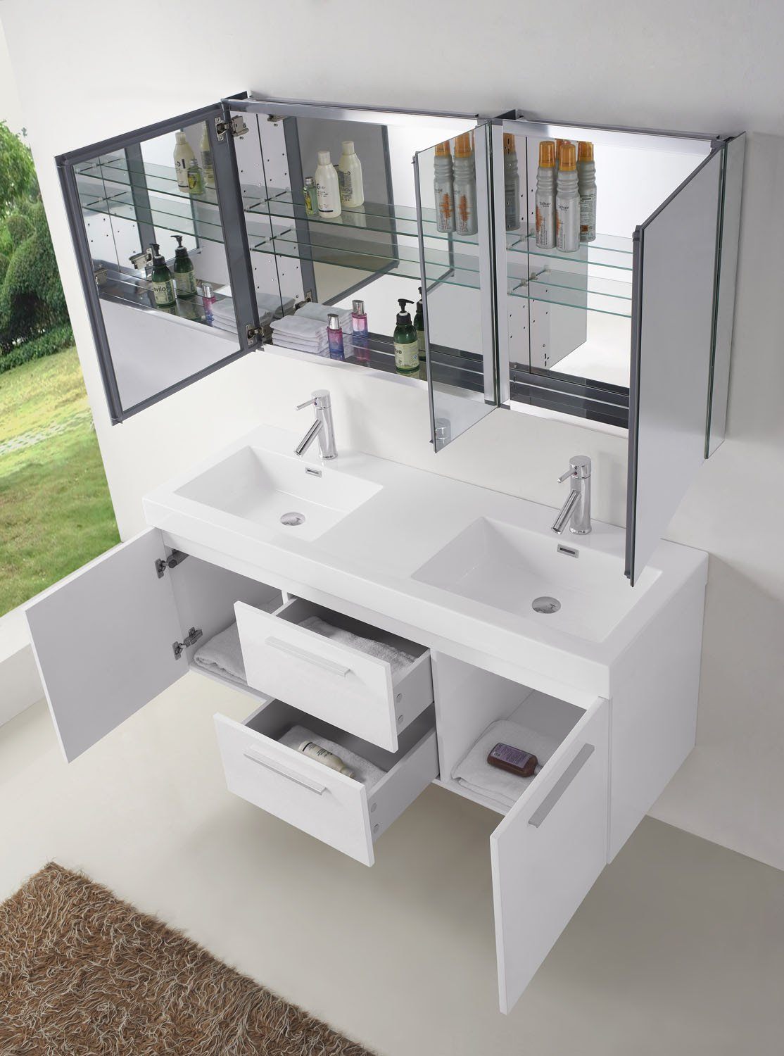 Virtu USA Midori 54" Double Square Sink Gloss White Top Vanity in Gloss White with Polished Chrome Faucet Vanity Virtu USA 