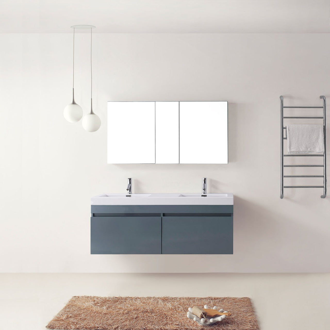 Virtu USA Zuri 55" Double Square Sink Grey Top Vanity in Grey with Polished Chrome Faucet Vanity Virtu USA 