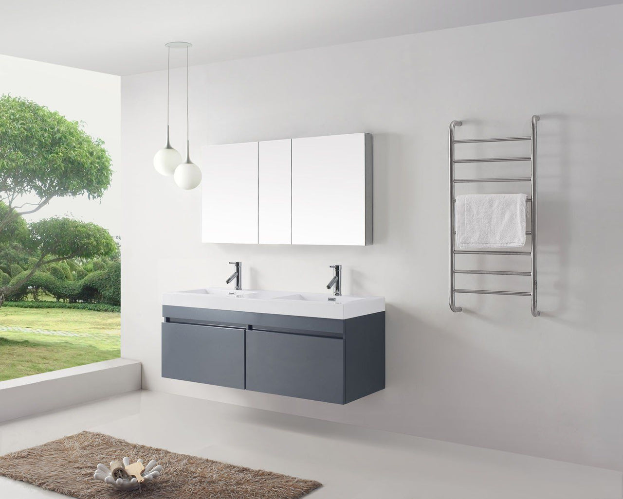 Virtu USA Zuri 55" Double Square Sink Grey Top Vanity in Grey with Polished Chrome Faucet Vanity Virtu USA 