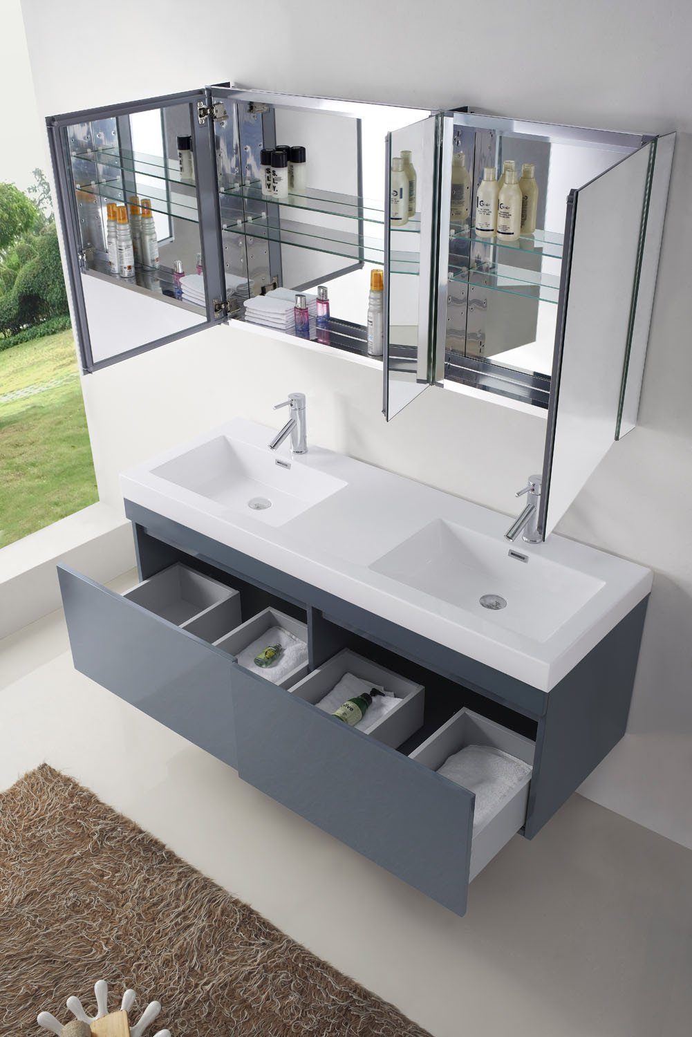 Virtu USA Zuri 55" Double Square Sink Grey Top Vanity in Grey with Polished Chrome Faucet Vanity Virtu USA 