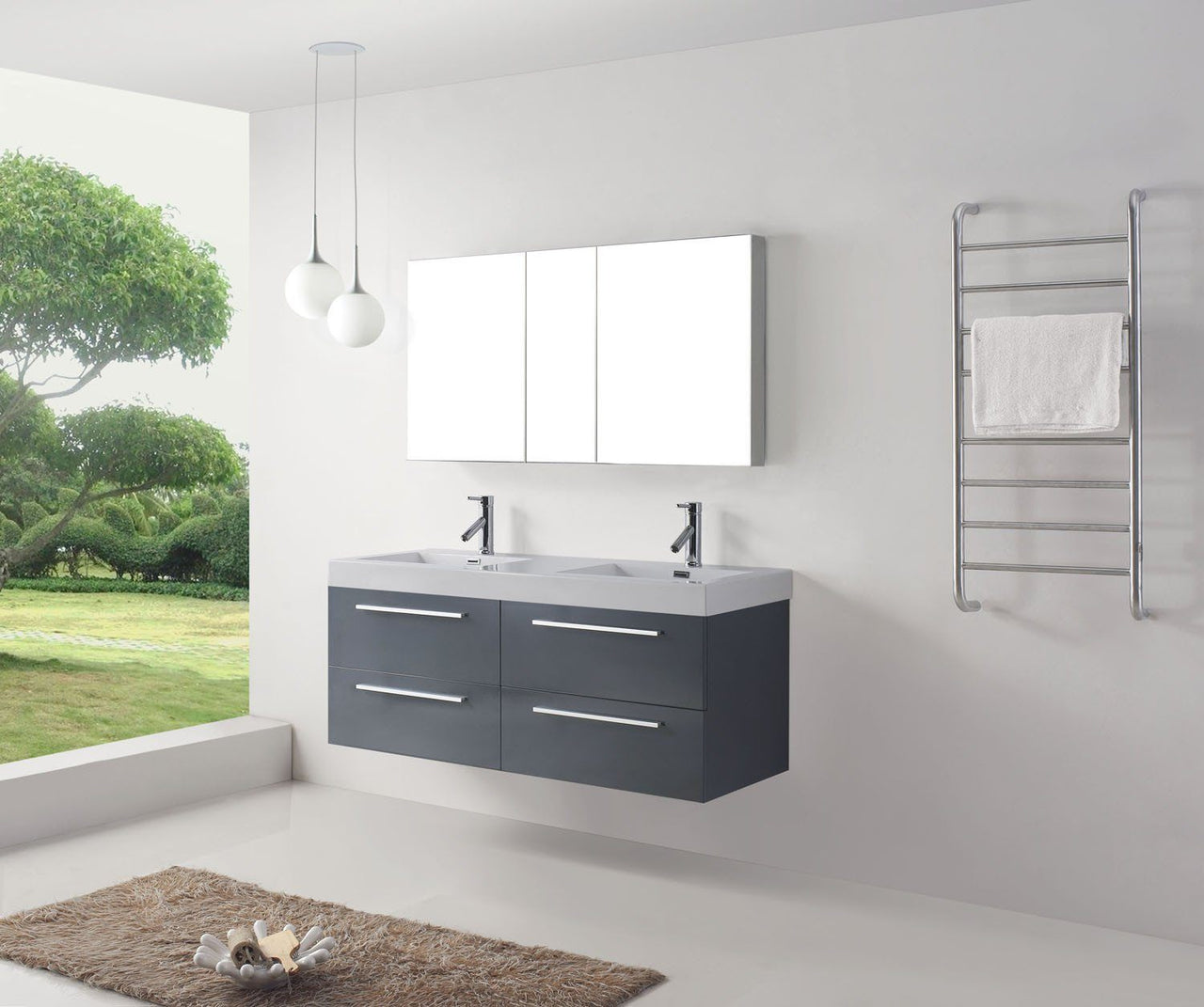 Virtu USA Finley 54" Double Square Sink Grey Top Vanity in Grey with Brushed Nickel Faucet Vanity Virtu USA 