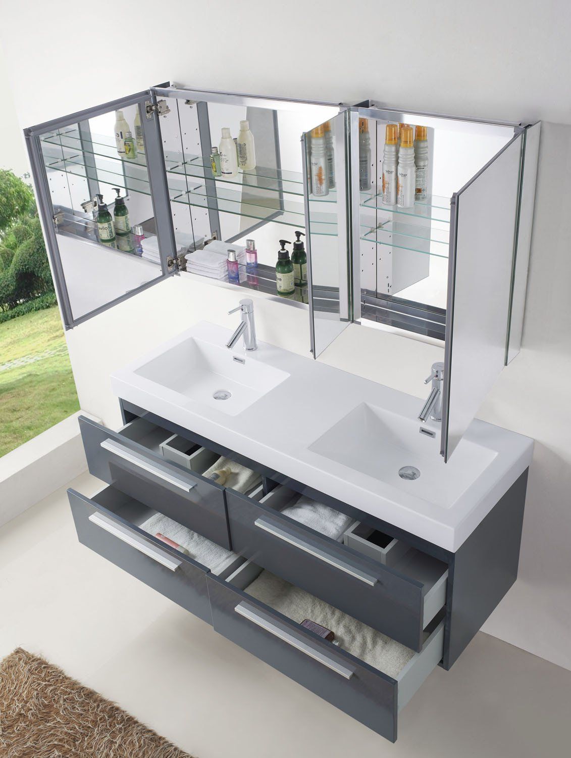 Virtu USA Finley 54" Double Square Sink Grey Top Vanity in Grey with Brushed Nickel Faucet Vanity Virtu USA 