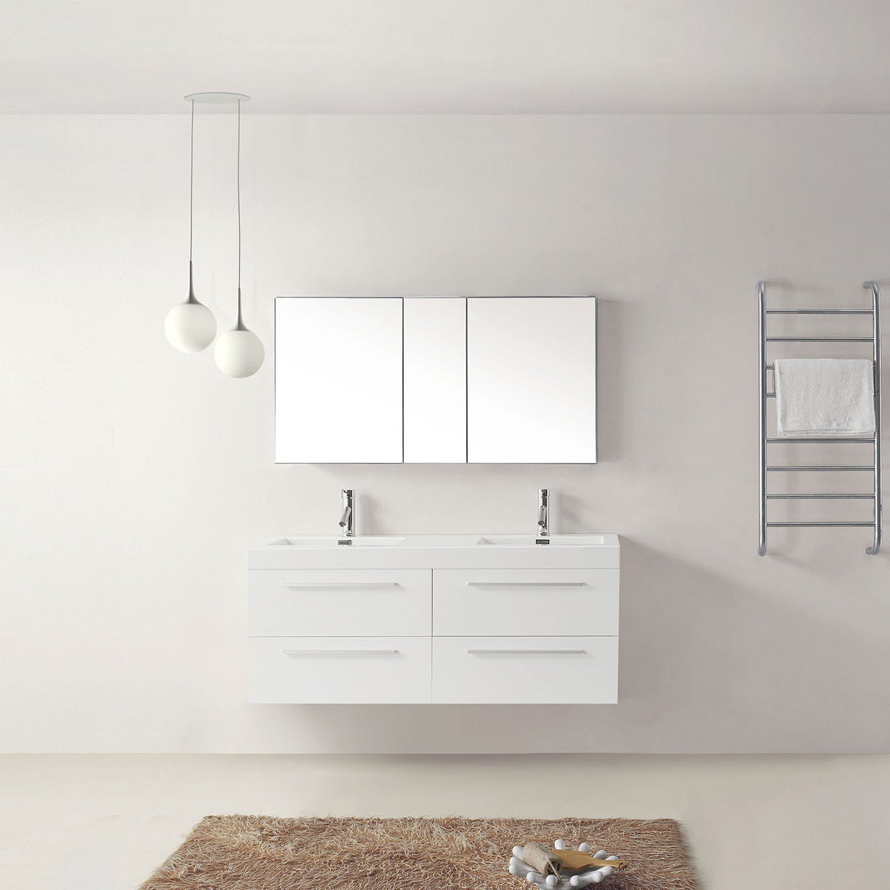 Virtu USA Finley 54" Double Square Sink Gloss White Top Vanity in Gloss White with Polished Chrome Faucet