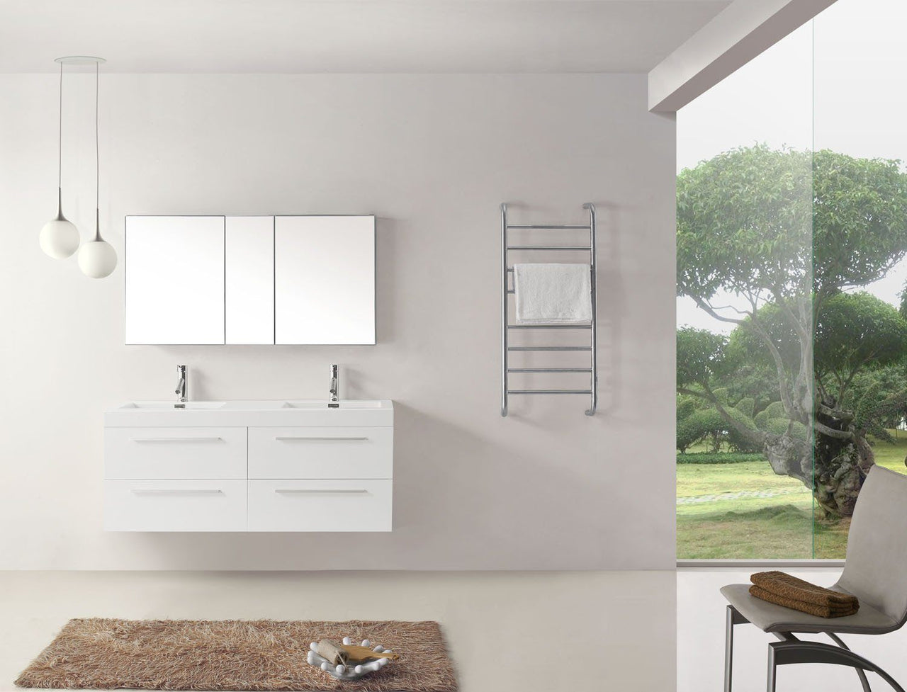 Virtu USA Finley 54" Double Square Sink Gloss White Top Vanity with Brushed Nickel Faucet Vanity Virtu USA 
