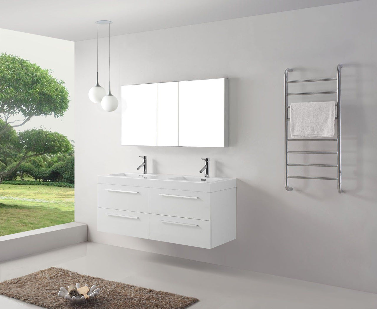 Virtu USA Finley 54" Double Square Sink Gloss White Top Vanity with Brushed Nickel Faucet Vanity Virtu USA 