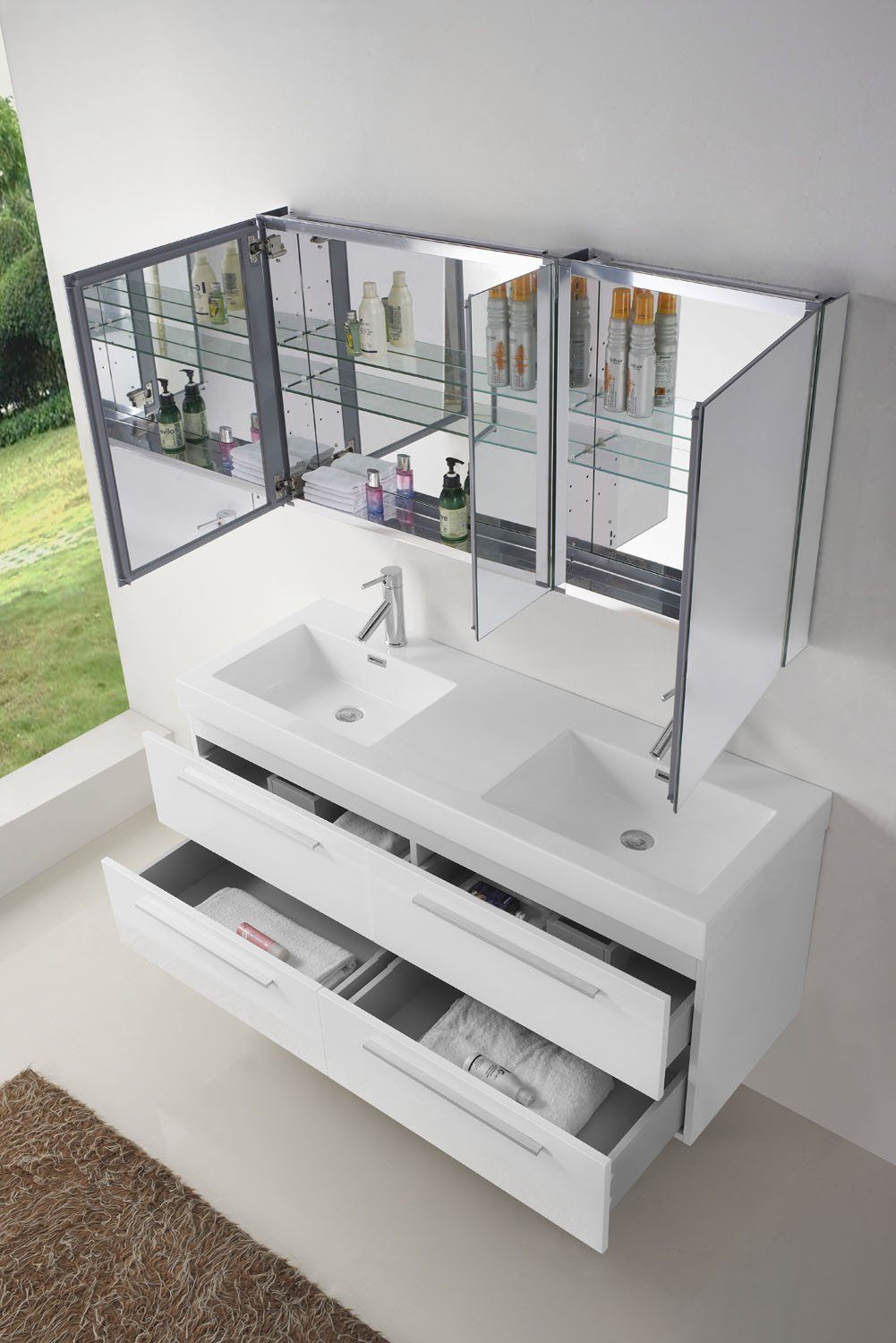 Virtu USA Finley 54" Double Square Sink Gloss White Top Vanity with Brushed Nickel Faucet Vanity Virtu USA 