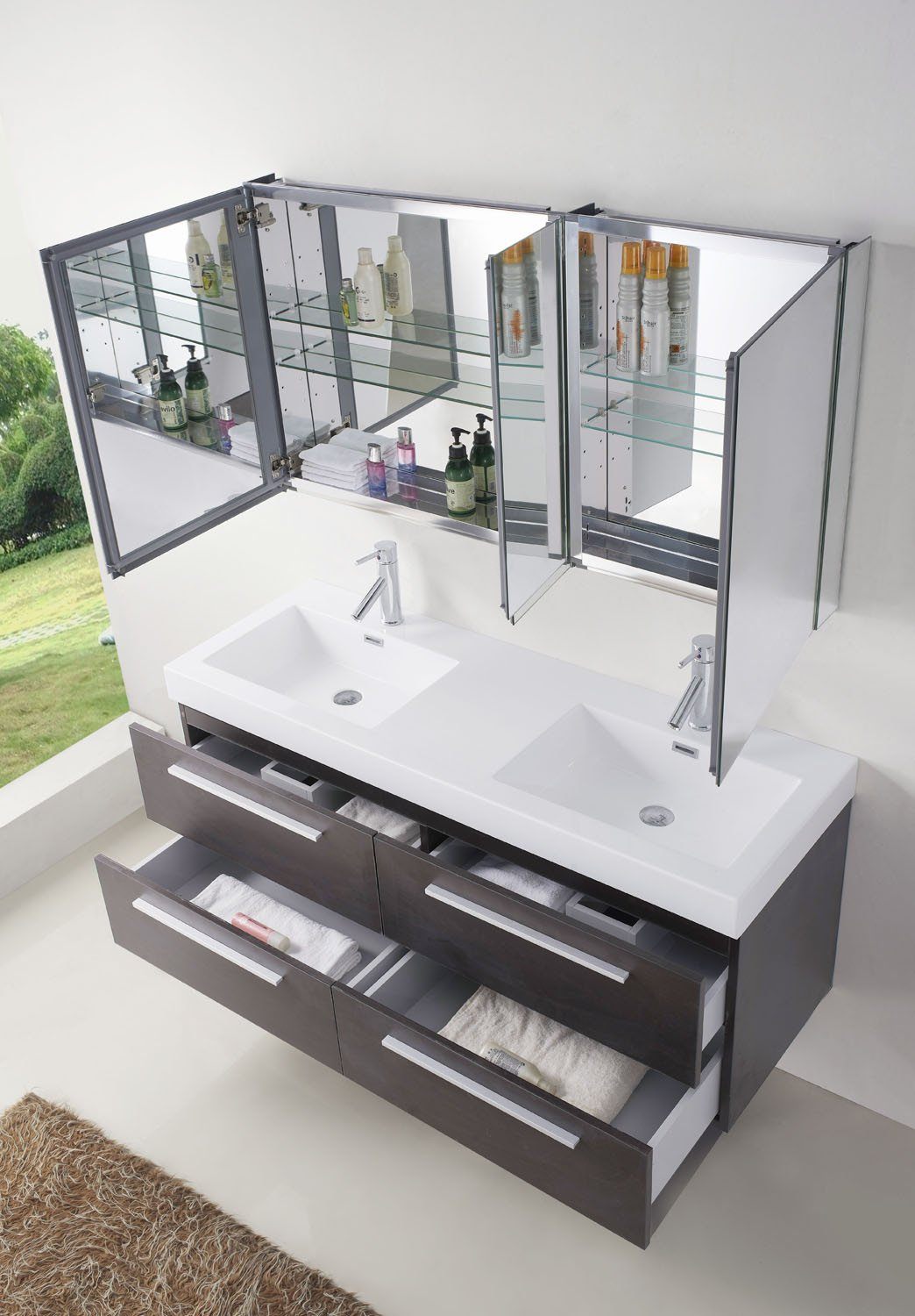 Virtu USA Finley 54" Double Square Sink Wenge Top Vanity in Wenge with Polished Chrome Faucet Vanity Virtu USA 