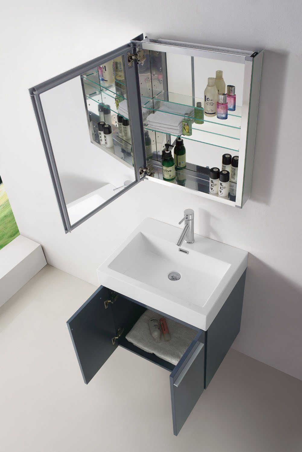 Virtu USA Midori 24" Single Square Sink Grey Top Vanity in Grey with Polished Chrome Faucet and Mirror Vanity Virtu USA 