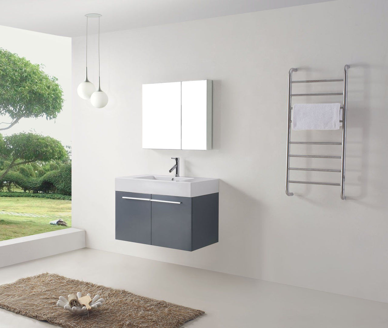 Virtu USA Midori 36" Single Square Sink Grey Top Vanity with Brushed Nickel Faucet and Mirror Vanity Virtu USA 