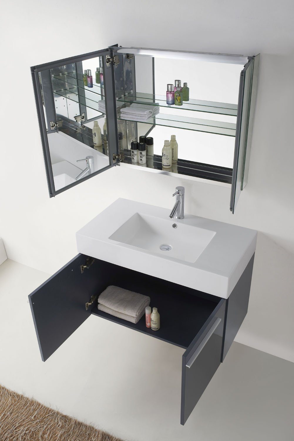 Virtu USA Midori 36" Single Square Sink Grey Top Vanity with Brushed Nickel Faucet and Mirror Vanity Virtu USA 