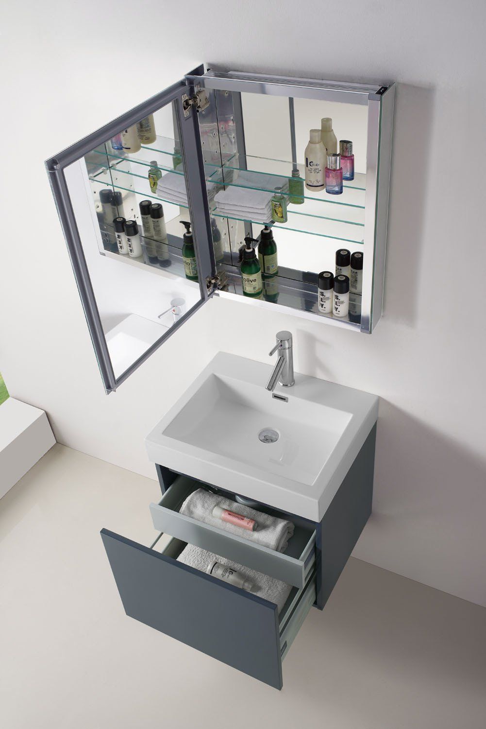 Virtu USA Zuri 24" Single Square Sink Grey Top Vanity in Grey with Polished Chrome Faucet and Mirror Vanity Virtu USA 