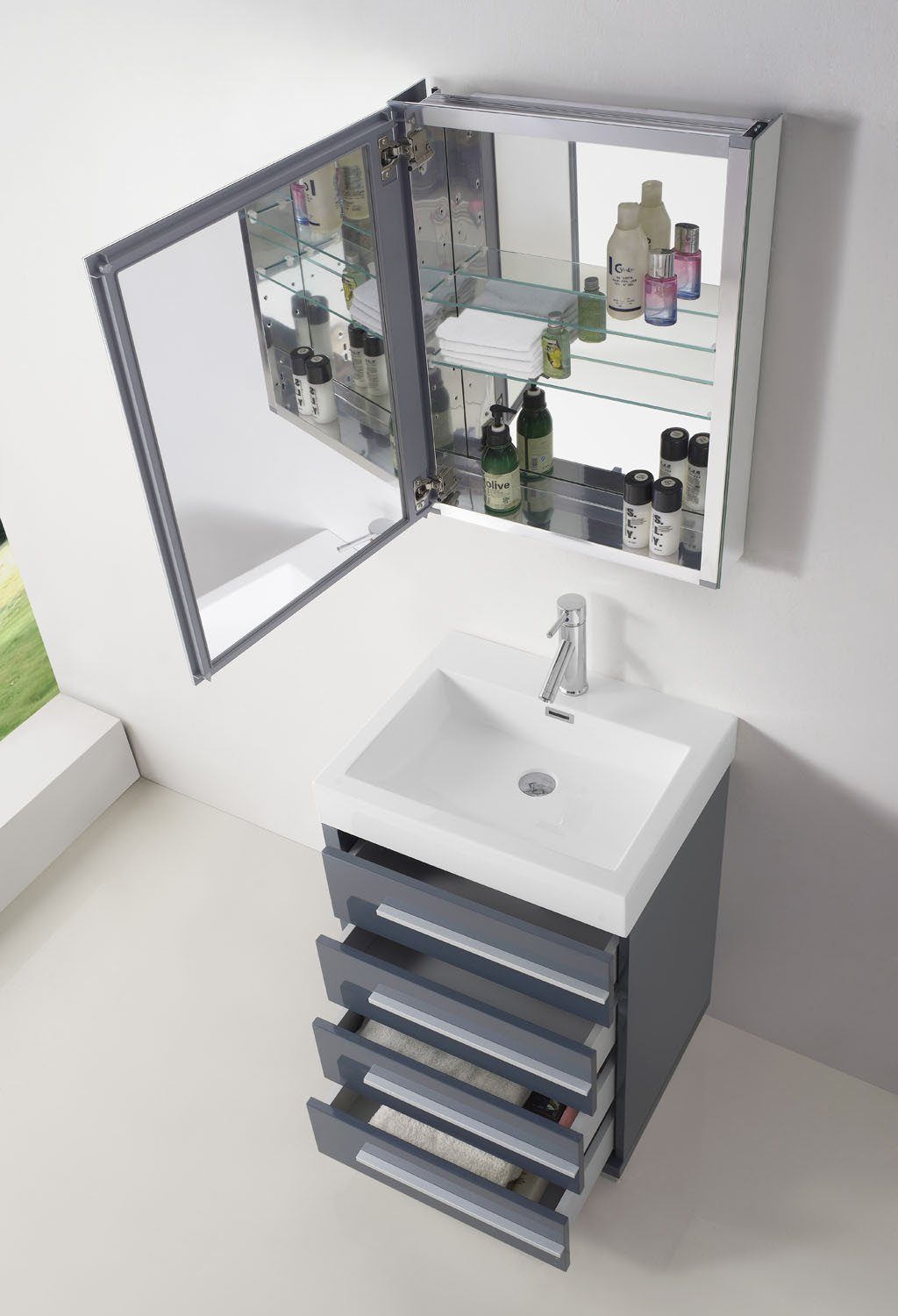 Virtu USA Bailey 24" Single Square Sink Grey Top Vanity in Grey with Polished Chrome Faucet and Mirror Vanity Virtu USA 