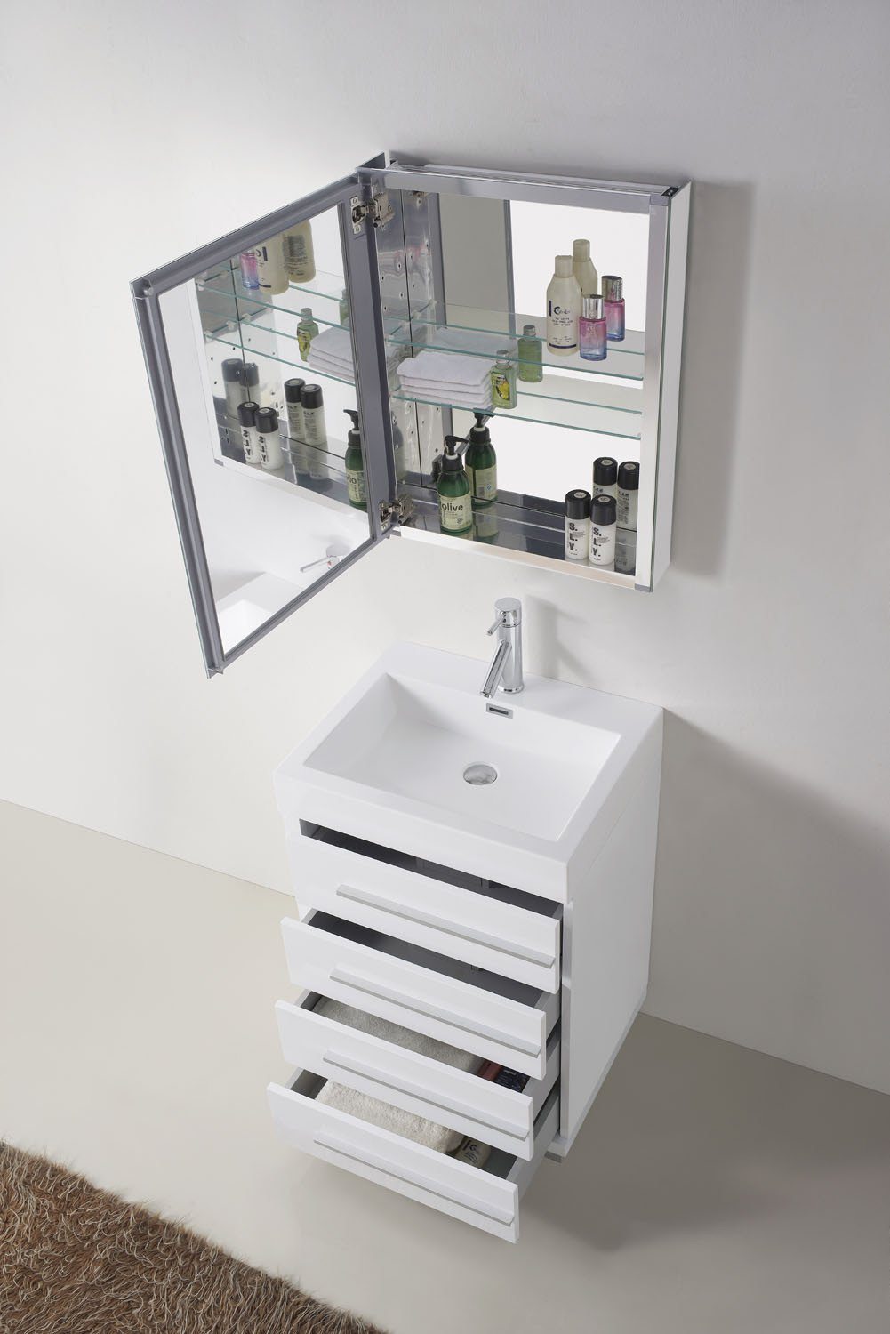 Virtu USA Bailey 24" Single Square Sink Gloss White Top Vanity in Gloss White with Brushed Nickel Faucet and Mirror Vanity Virtu USA 